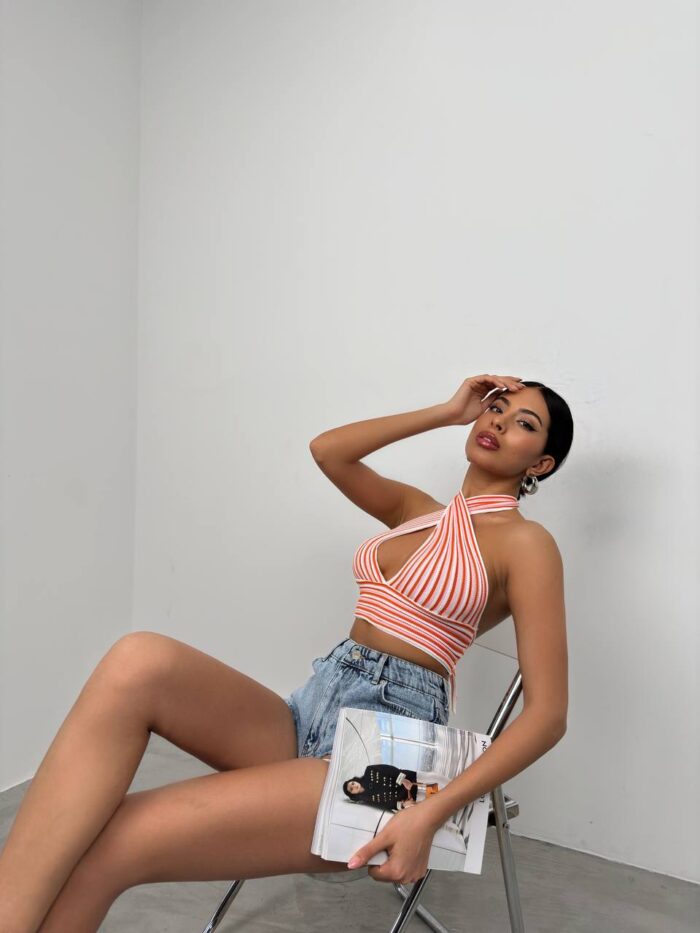 Striped Neck Tie Crop - Salmon - Producer: Black Fashion - Wholesale Women Clothes - TheBS Women