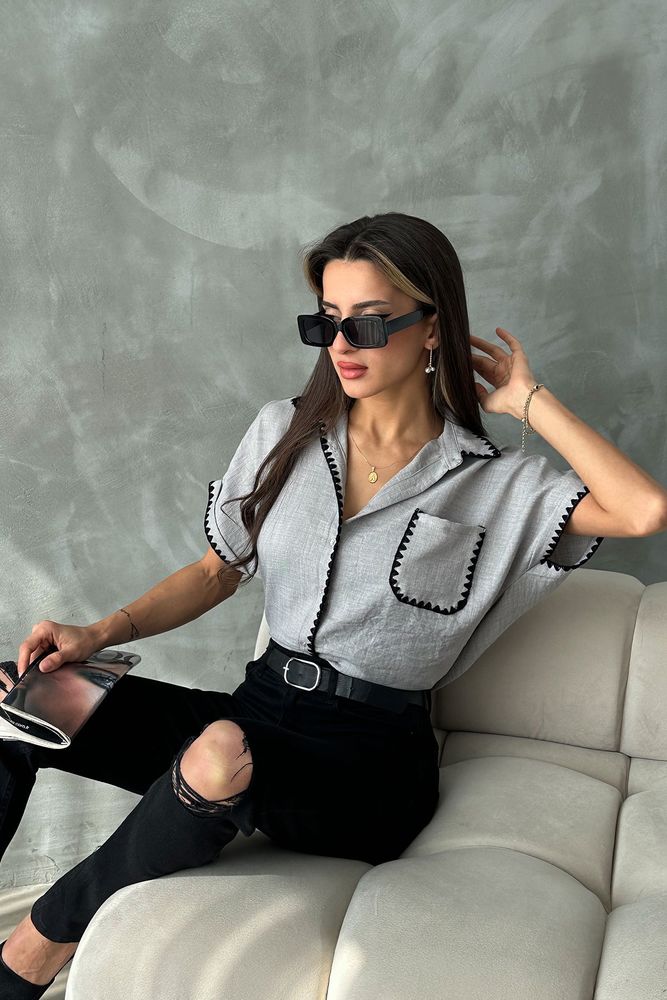 Gray Shepherd Stitched Linen Shirt - Producer: Topshow - Wholesale Women Clothes - TheBS Women