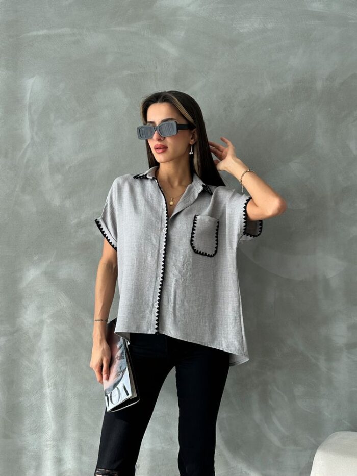 Gray Shepherd Stitched Linen Shirt - Producer: Topshow - Wholesale Women Clothes - TheBS Women