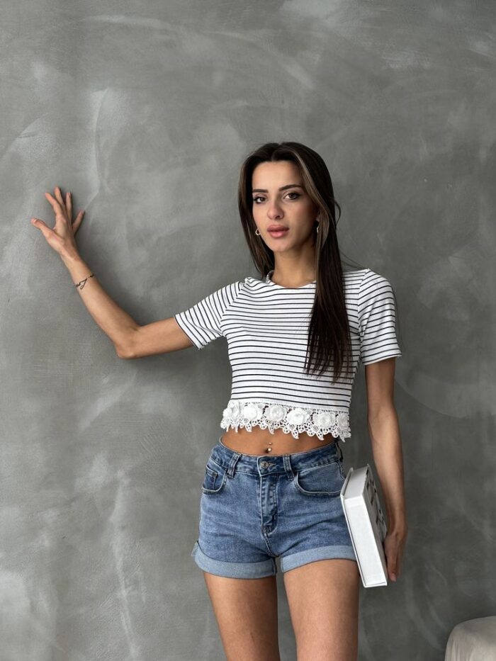 Cream Guipure Detailed Striped T-Shirt - Producer: Topshow - Wholesale Women Clothes - TheBS Women
