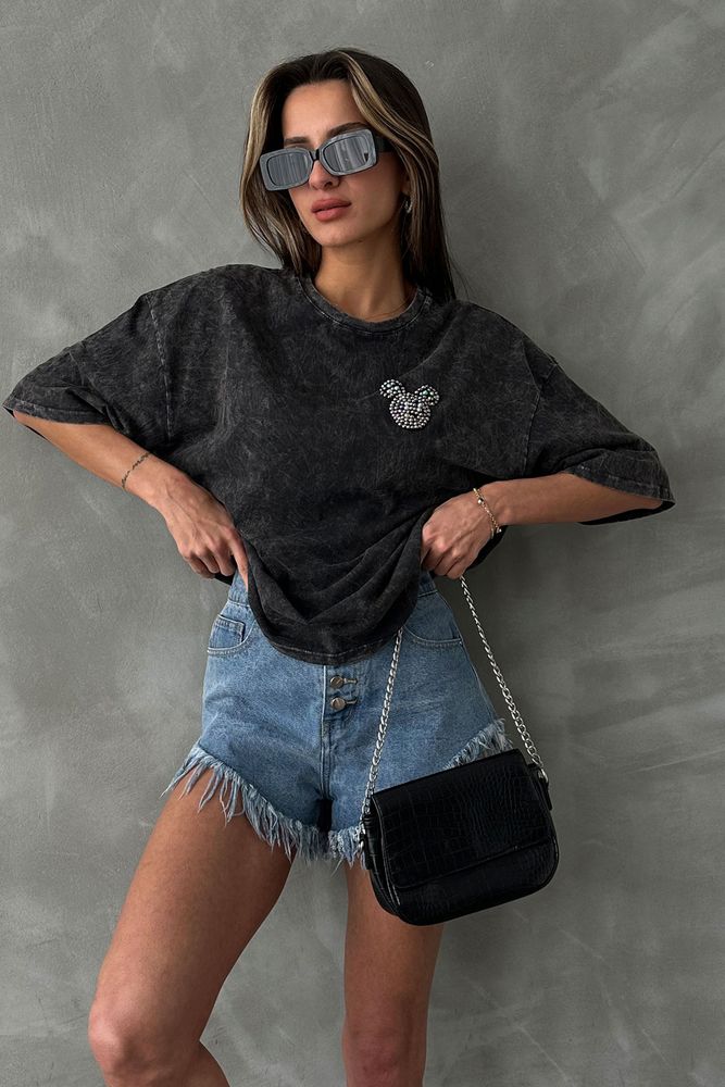 Anthracite Washed Blouse With Stones On The Chest - Producer: Topshow - Wholesale Women Clothes - TheBS Women