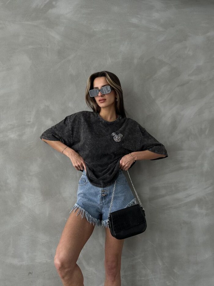 Anthracite Washed Blouse With Stones On The Chest - Producer: Topshow - Wholesale Women Clothes - TheBS Women
