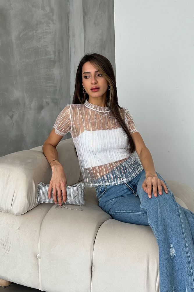 Cream Sequin Tulle T-Shirt - Producer: Topshow - Wholesale Women Clothes - TheBS Women