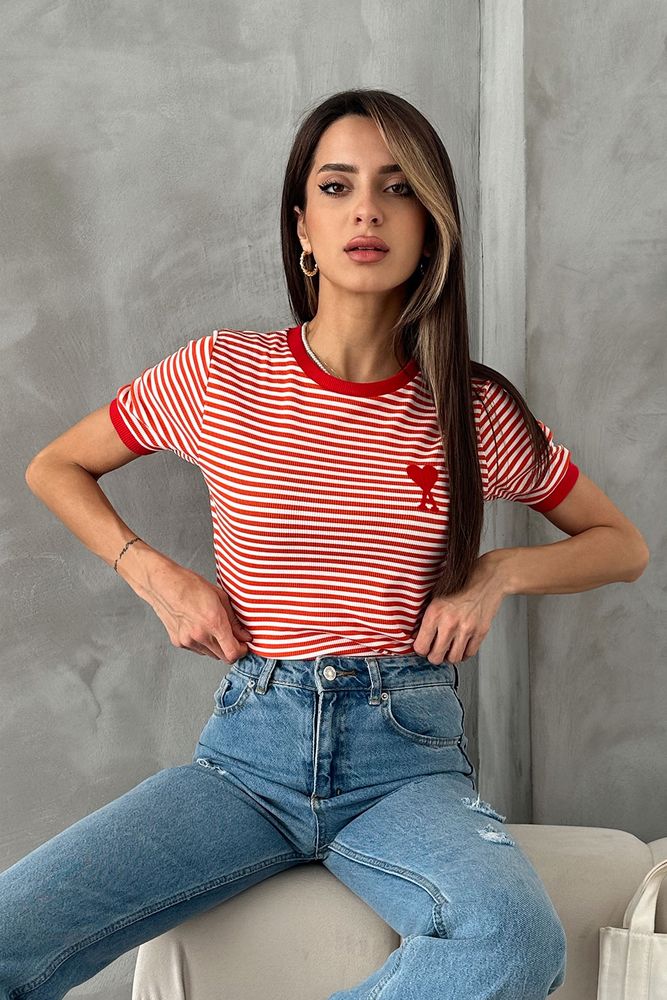 OrangeEmbroidered Striped T-Shirt - Producer: Topshow - Wholesale Women Clothes - TheBS Women