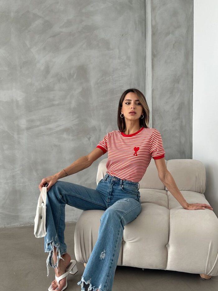 OrangeEmbroidered Striped T-Shirt - Producer: Topshow - Wholesale Women Clothes - TheBS Women