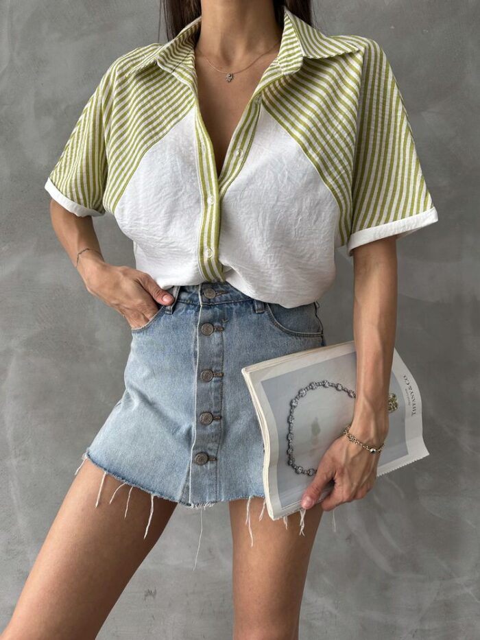 PistachioStripe Detailed Low Sleeve Shirt - Producer: Topshow - Wholesale Women Clothes - TheBS Women
