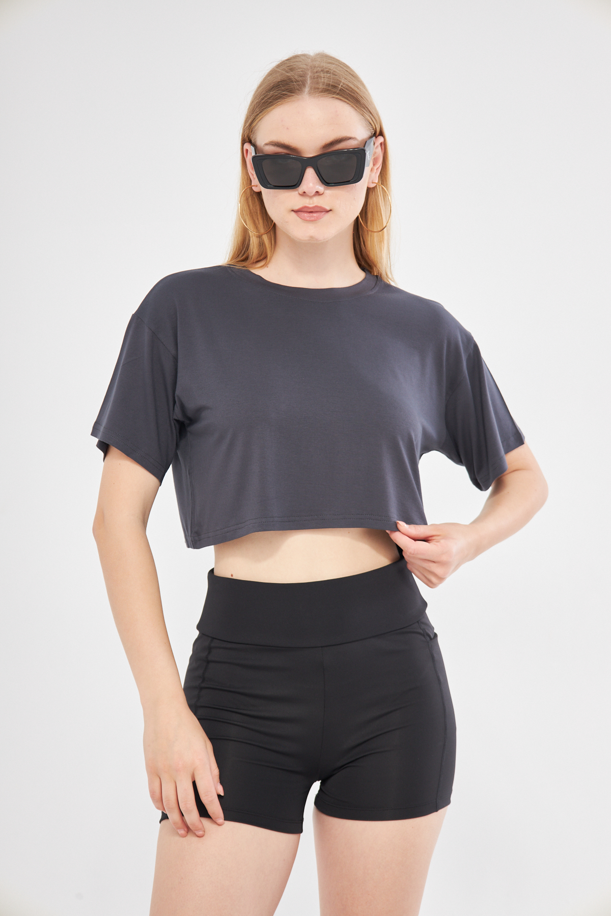 Ero Oversized Crop T-shirt With Crew Neck In Dark Gray - Brand: Evable - Women & Kids, Baby Clothes Wholesale - TheBS Women