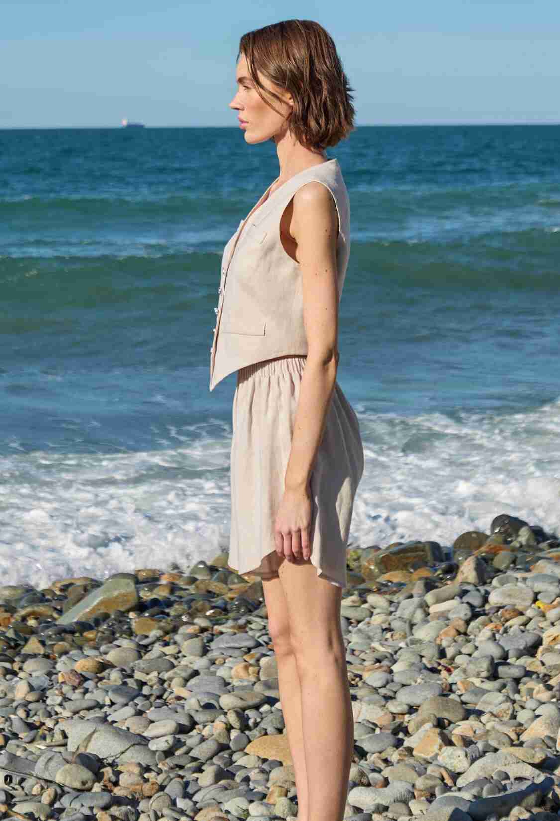 Linen Gold Buttoned Vest Beige - Brand: Juste - Women & Kids, Baby Clothes Wholesale - TheBS Women