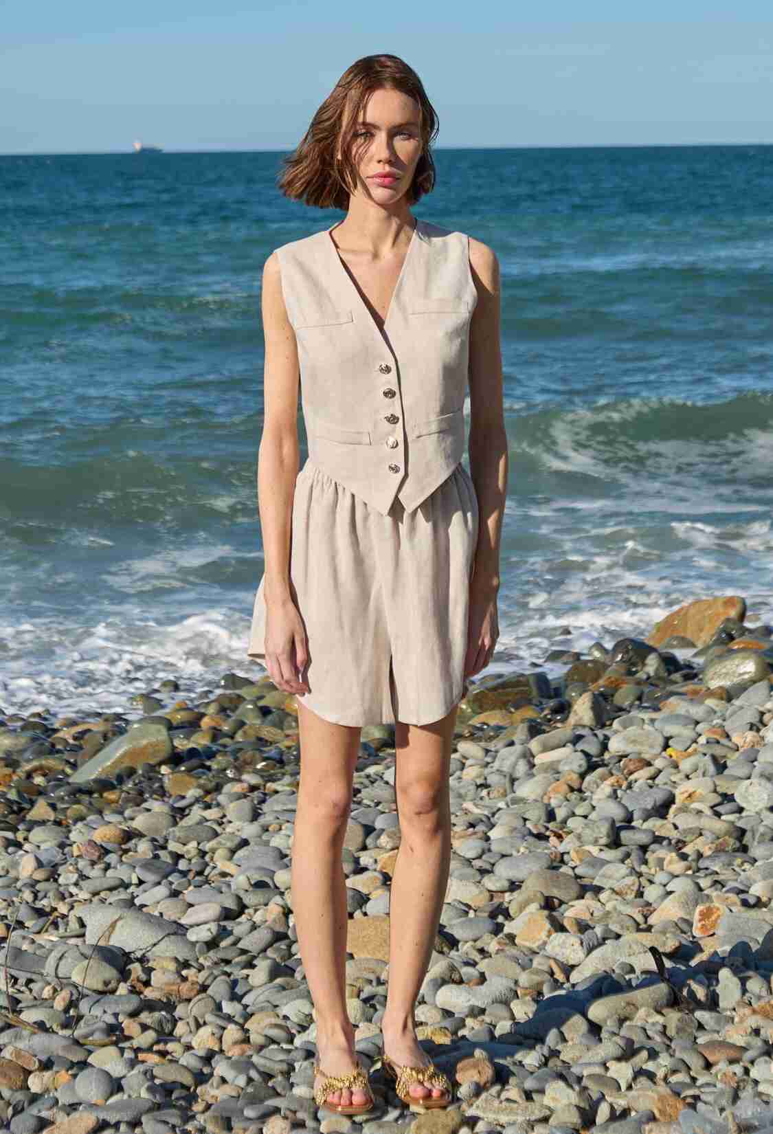 Linen Gold Buttoned Vest Beige - Brand: Juste - Women & Kids, Baby Clothes Wholesale - TheBS Women