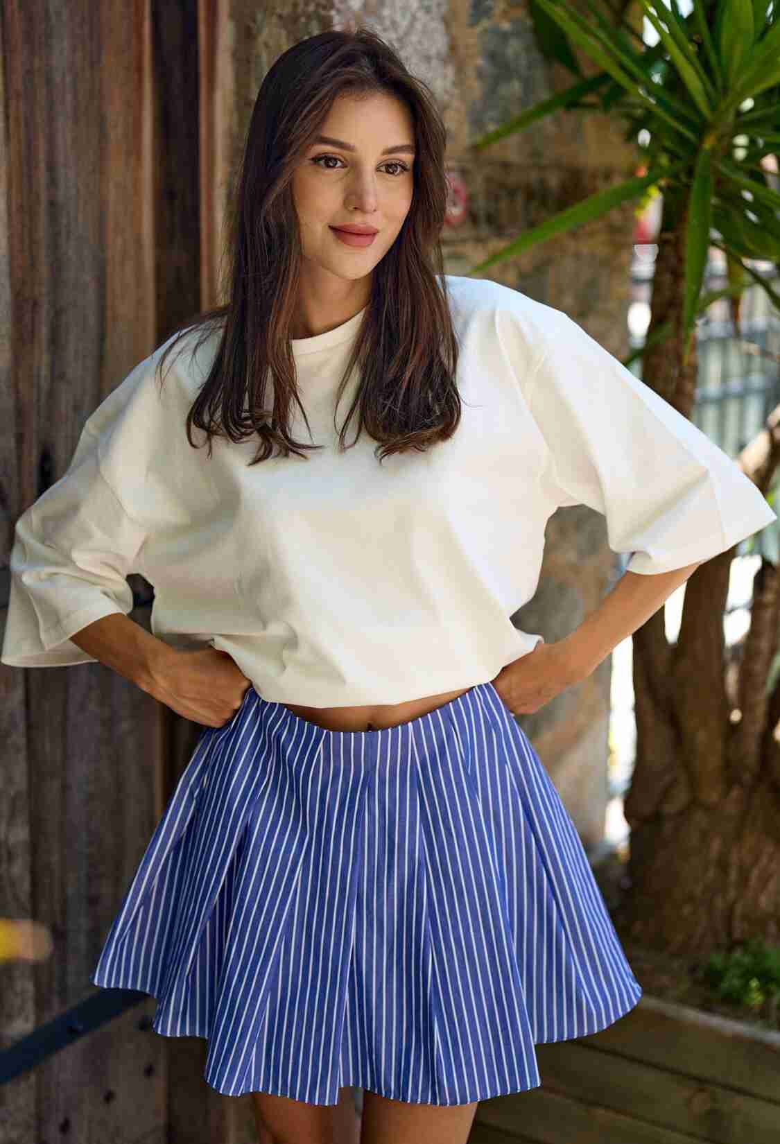 Stripe Pattern Pleated Poplin Mini Skirt - Brand: Juste - Women & Kids, Baby Clothes Wholesale - TheBS Women