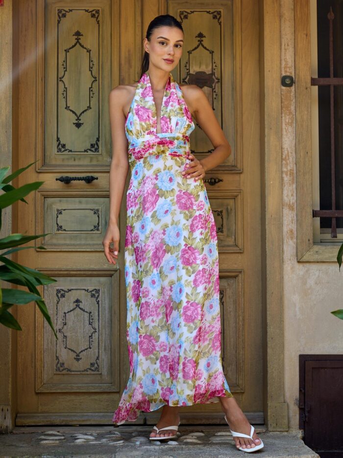 Chiffon Patterned Drape Detail Long Dress - Producer: Juste - Wholesale Women Clothes - TheBS Women