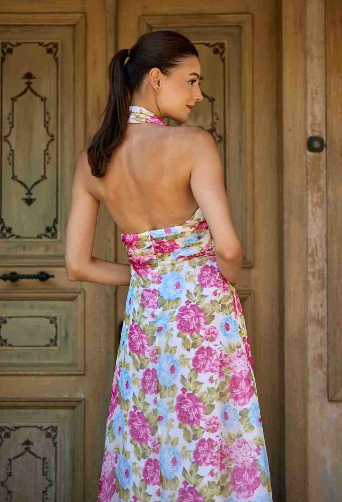 Chiffon Patterned Drape Detail Long Dress - Brand: Juste - Women & Kids, Baby Clothes Wholesale - TheBS Women