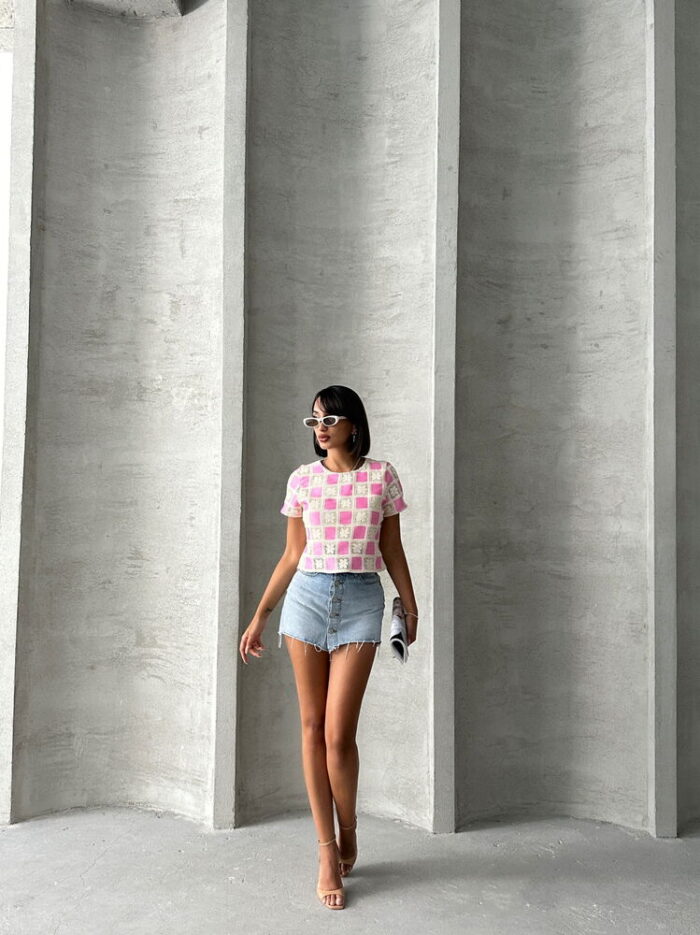 RawShort Sleeve Checkerboard Pattern Crochet Blouse - Producer: Topshow - Wholesale Women Clothes - TheBS Women