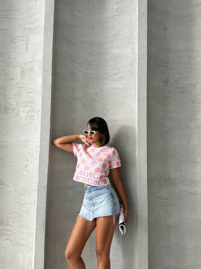 RawShort Sleeve Checkerboard Pattern Crochet Blouse - Producer: Topshow - Wholesale Women Clothes - TheBS Women