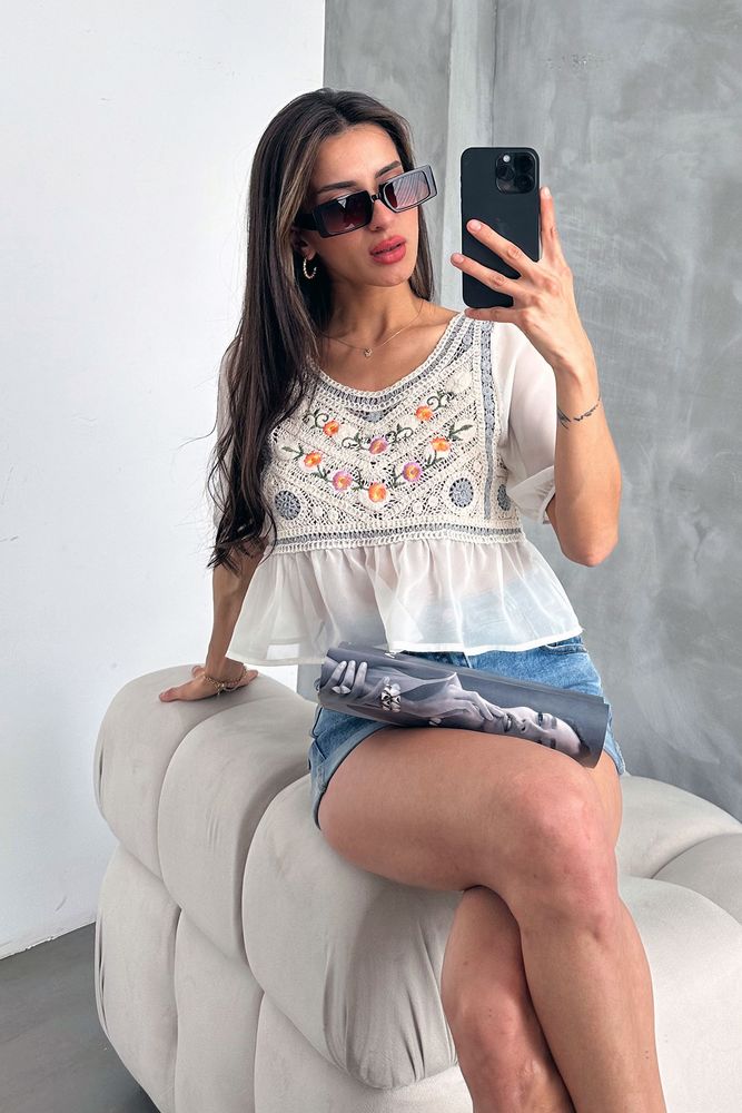 Stone Gray Embroidered Blouse - Producer: Topshow - Wholesale Women Clothes - TheBS Women