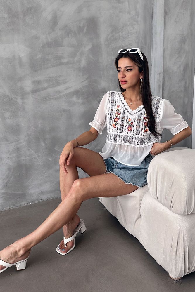 Cream Gray Embroidered Blouse - Producer: Topshow - Wholesale Women Clothes - TheBS Women