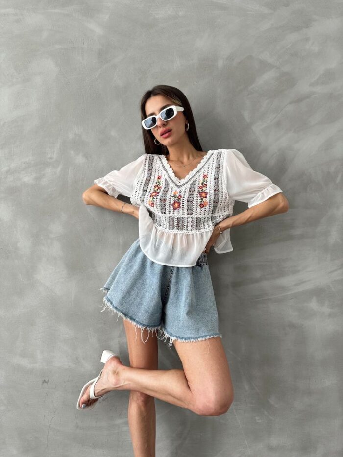 Cream Gray Embroidered Blouse - Producer: Topshow - Wholesale Women Clothes - TheBS Women
