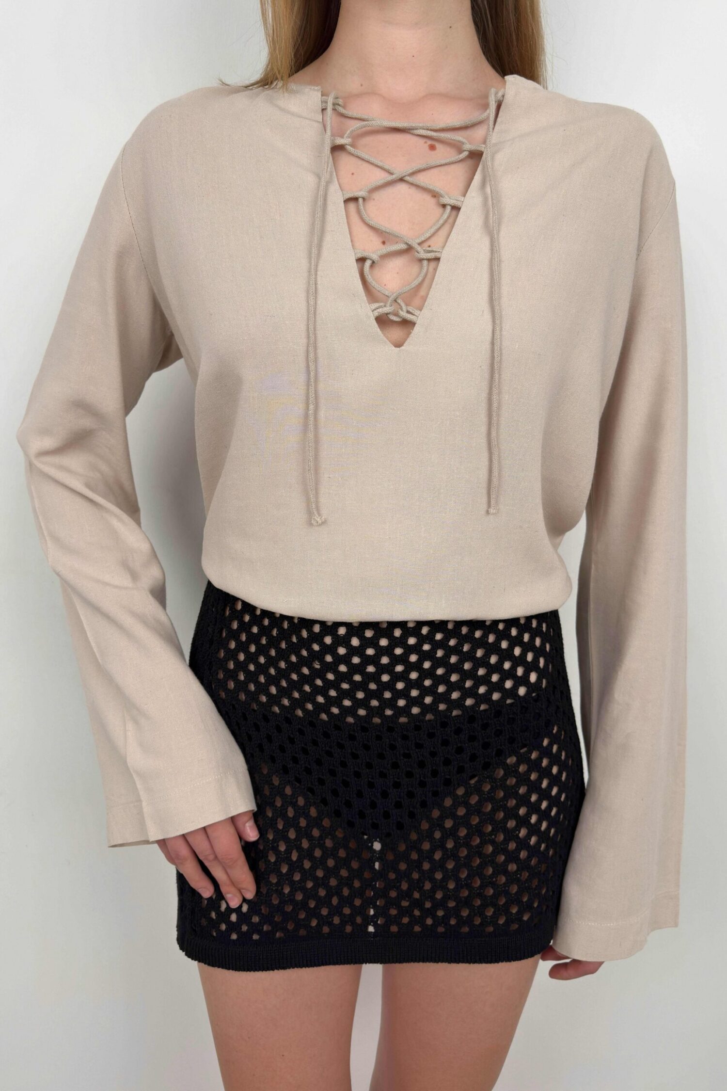 Lace-Up Linen Blouse - Producer: Black Fashion - Wholesale Women Clothes - TheBS Women