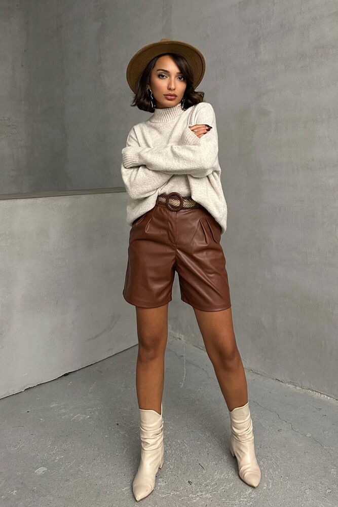 Tan Belted Leather Shorts - Producer: Topshow - Wholesale Women Clothes - TheBS Women