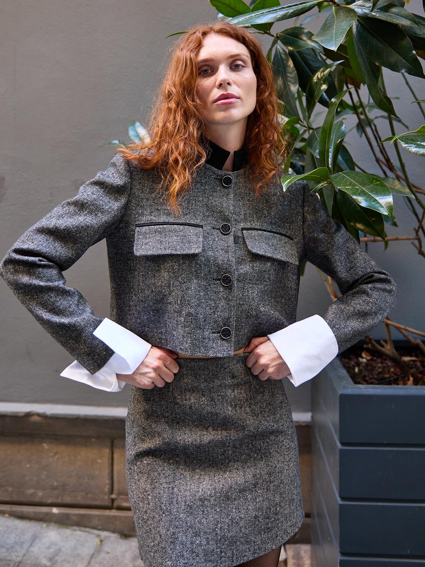 Herringbone Pattern Cuffed Crop Jacket Black - Producer: Juste - Wholesale Women Clothes - TheBS Women