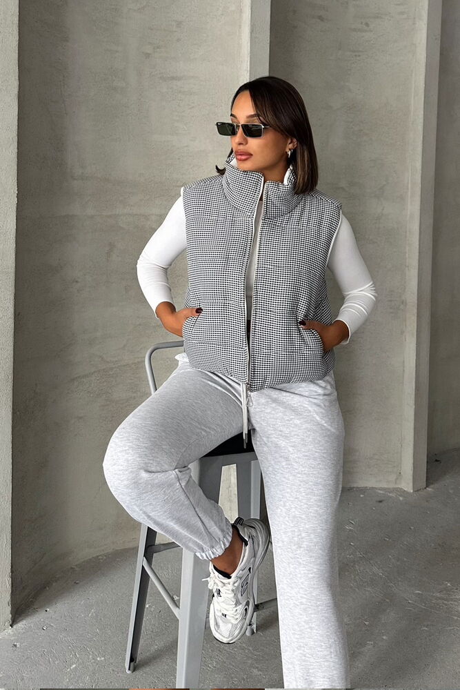 Houndstooth Patterned Fiber Puffer Vest - Producer: Topshow - Wholesale Women Clothes - TheBS Women