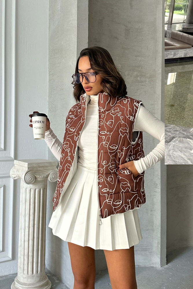 Coffee Mixed Print Patterned Fiber Inflatable Wholesale Vest - Producer: Topshow - Wholesale Women Clothes - TheBS Women