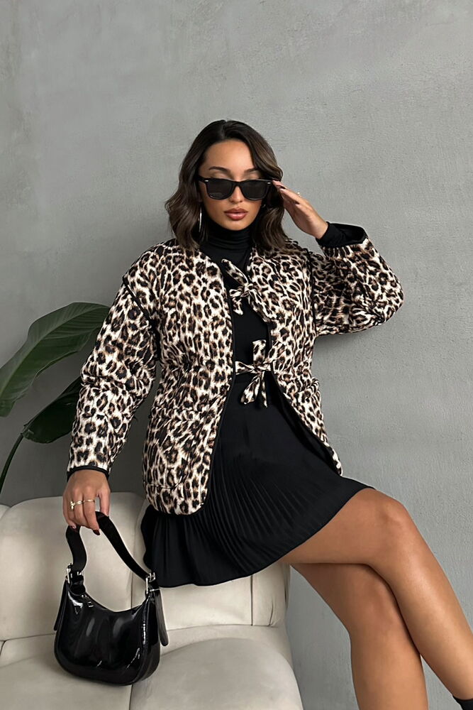 Leopard Patterned Quilted Front Tie Jacket - Producer: Topshow - Wholesale Women Clothes - TheBS Women