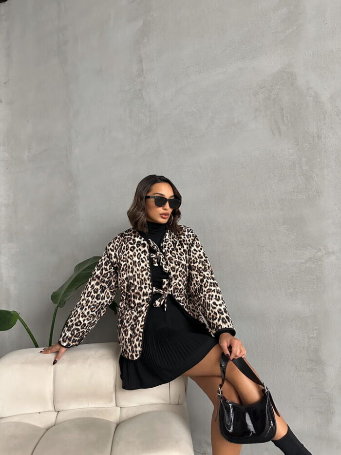 Leopard Patterned Quilted Front Tie Jacket - Producer: Topshow - Wholesale Women Clothes - TheBS Women