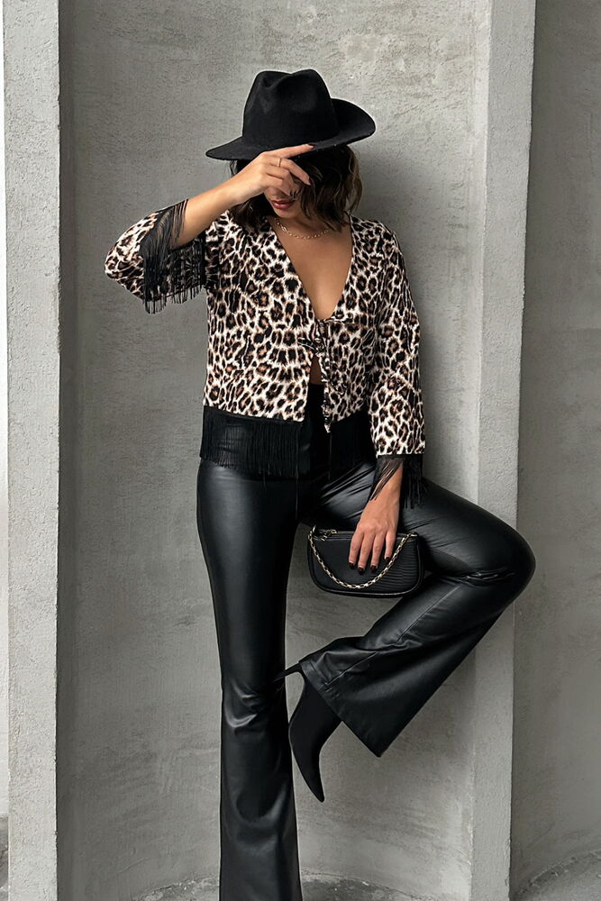 Leopard Patterned Fringed Front Tie Jacket - Producer: Topshow - Wholesale Women Clothes - TheBS Women