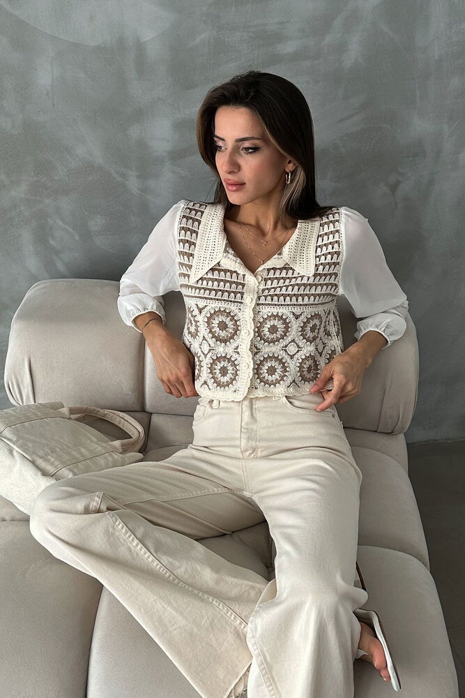 Stone Brown Floral Patterned Beaded Short Cardigan - Producer: Topshow - Wholesale Women Clothes - TheBS Women
