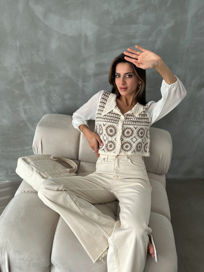 Stone Brown Floral Patterned Beaded Short Cardigan - Producer: Topshow - Wholesale Women Clothes - TheBS Women
