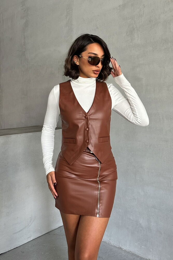 Zippered Leather Skirt - Tan - Producer: Topshow - Wholesale Women Clothes - TheBS Women