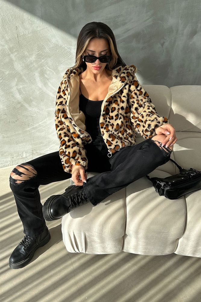 Leopard Look Plush Coat - Dark Stone & - Producer: Topshow - Wholesale Women Clothes - TheBS Women