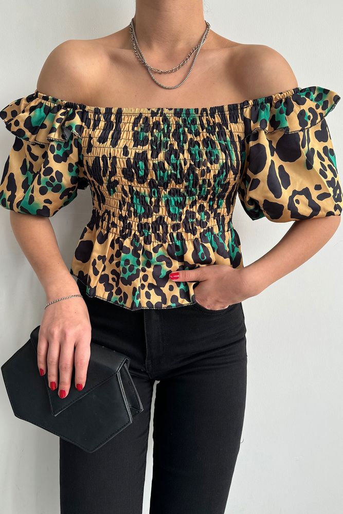 Leopard Emerald Gibeli Boat Neck Blouse - Yellow - Producer: Topshow - Wholesale Women Clothes - TheBS Women