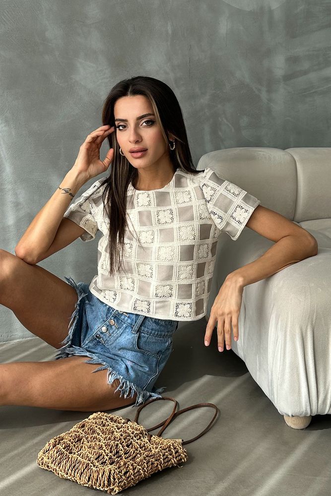 Raw Stone Short Sleeve Checker Pattern Crochet Blouse - Producer: Topshow - Wholesale Women Clothes - TheBS Women