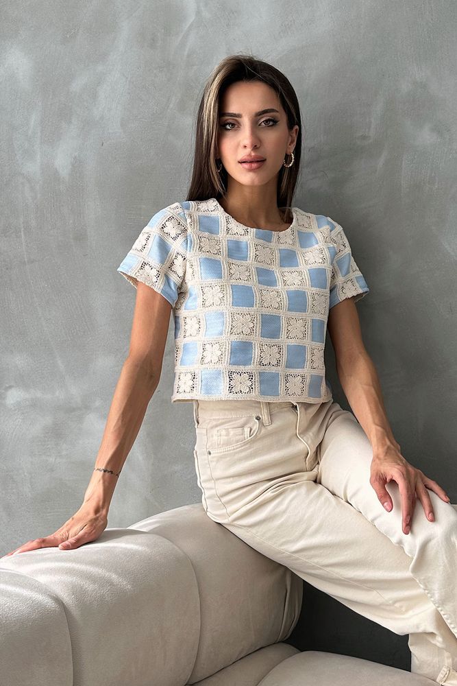 RawShort Sleeve Checkerboard Pattern Crochet Blouse - Producer: Topshow - Wholesale Women Clothes - TheBS Women