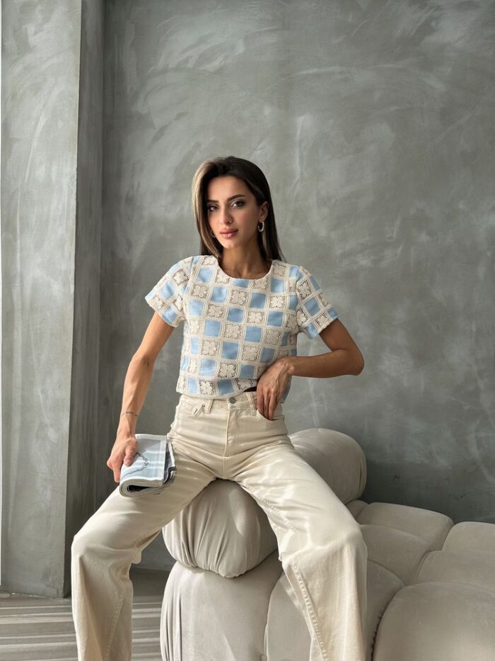 RawShort Sleeve Checkerboard Pattern Crochet Blouse - Producer: Topshow - Wholesale Women Clothes - TheBS Women