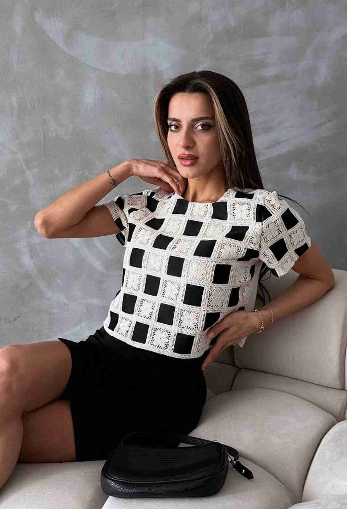 Short Sleeve Checkerboard Pattern Blouse -& White - Brand: Topshow - Women & Kids, Baby Clothes Wholesale - TheBS Women