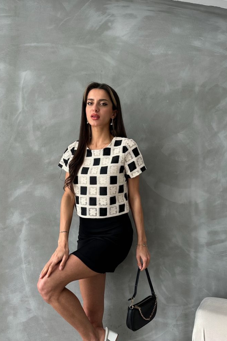 Short Sleeve Checkerboard Pattern Blouse -& White - Brand: Topshow - Women & Kids, Baby Clothes Wholesale - TheBS Women