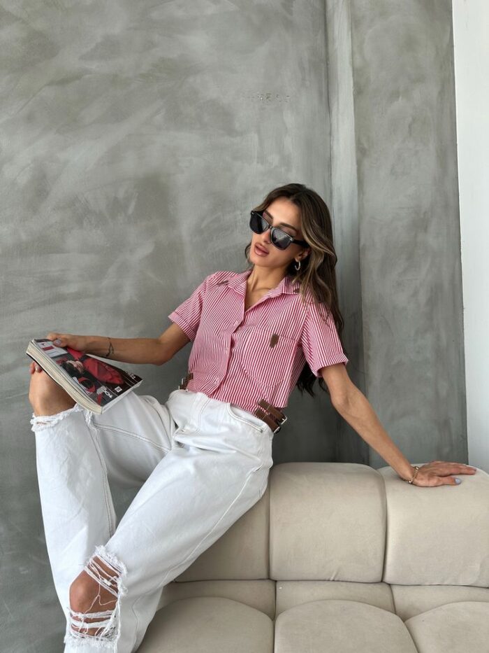 Striped D 2646 Belt Detailed Striped Shirt - Producer: Topshow - Wholesale Women Clothes - TheBS Women