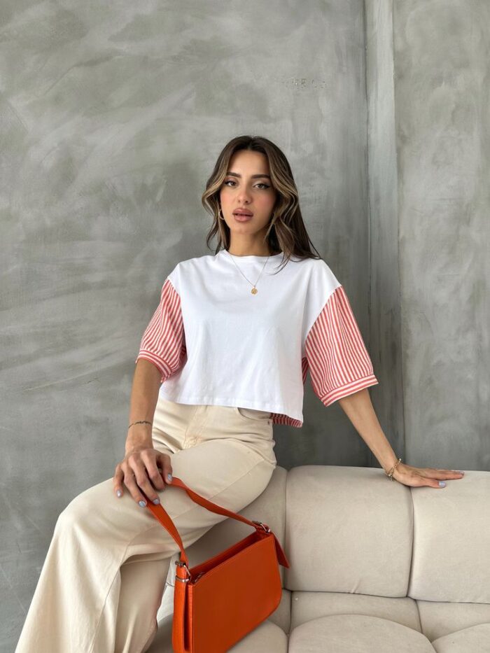 Orange Striped Poplin Sleeve T-shirt - Producer: Topshow - Wholesale Women Clothes - TheBS Women