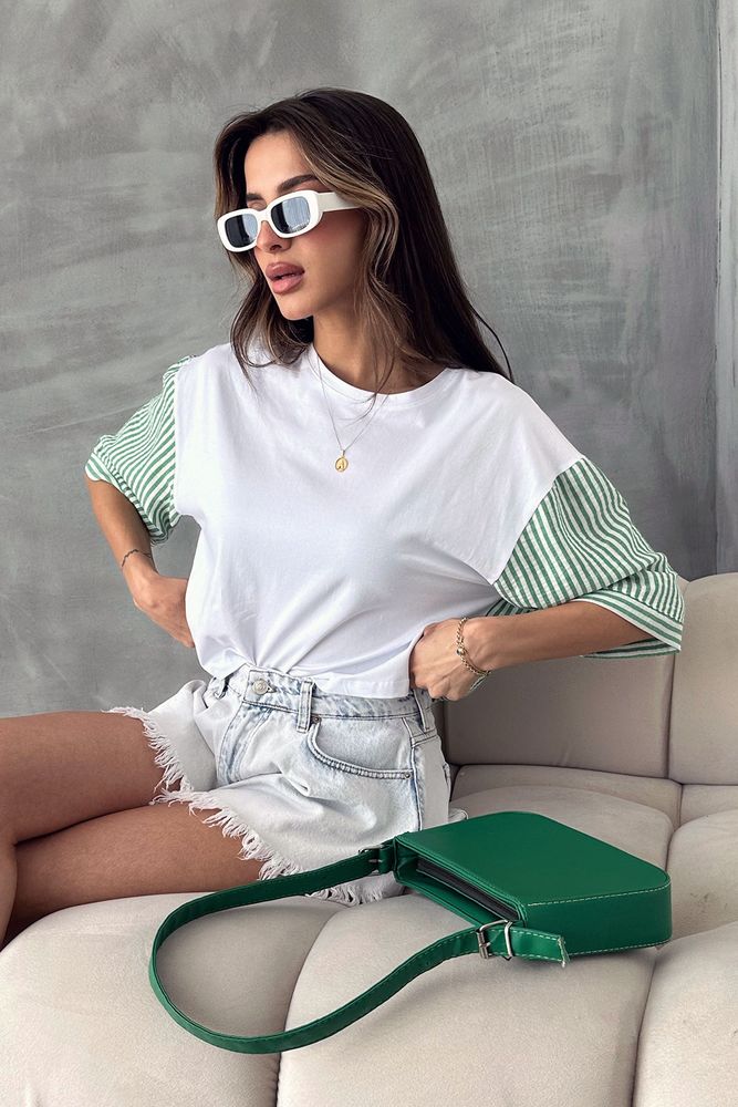 Emerald Striped Poplin Sleeve T-shirt - Producer: Topshow - Wholesale Women Clothes - TheBS Women