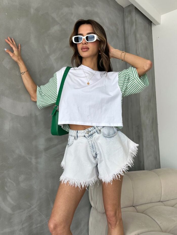 Emerald Striped Poplin Sleeve T-shirt - Producer: Topshow - Wholesale Women Clothes - TheBS Women