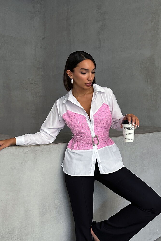 Sequined Denim Detailed Belted Shirt - Producer: Topshow - Wholesale Women Clothes - TheBS Women