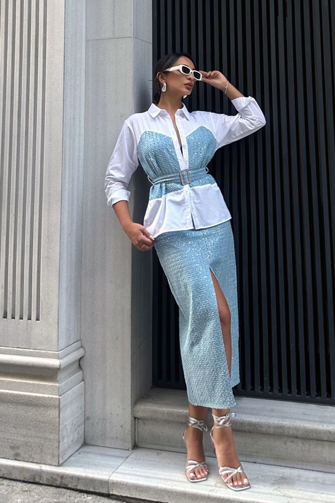Sequined Denim Detailed Belted Shirt - Producer: Topshow - Wholesale Women Clothes - TheBS Women
