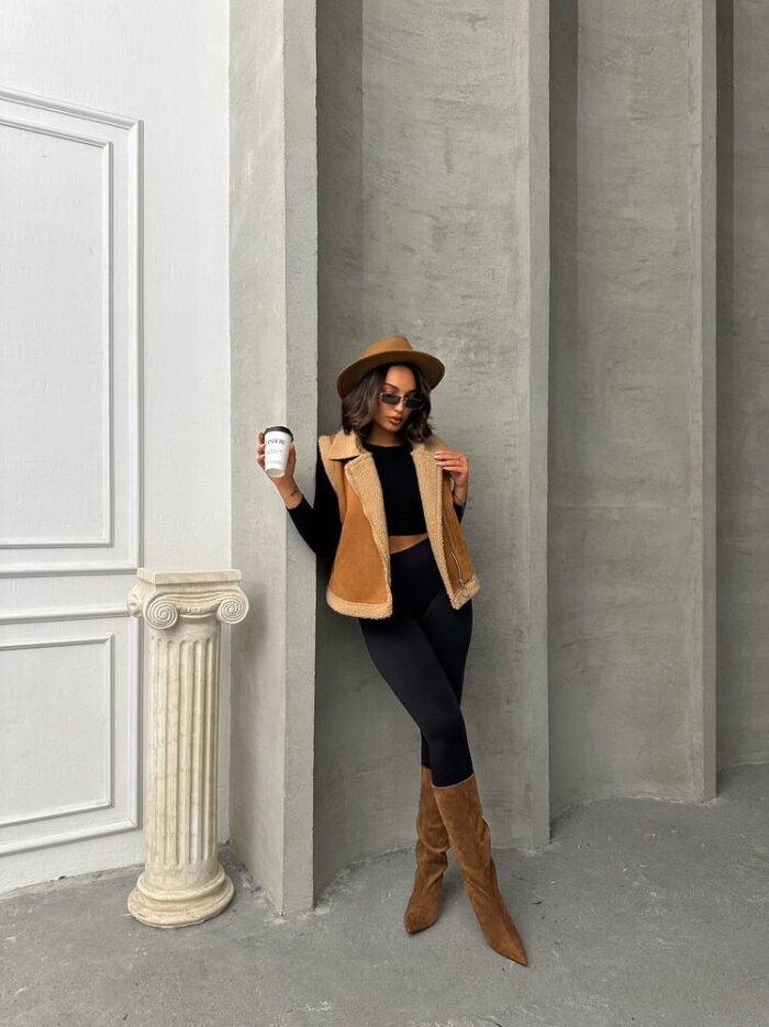 Suede Collar Fur Vest - Tan - Producer: Topshow - Wholesale Women Clothes - TheBS Women