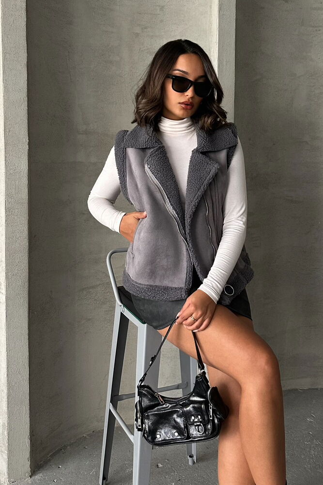 Suede Collar Fur Vest - Gray - Producer: Topshow - Wholesale Women Clothes - TheBS Women