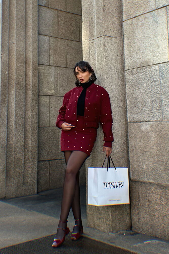 Maroon Dot Printed College Jacket - Producer: Topshow - Wholesale Women Clothes - TheBS Women