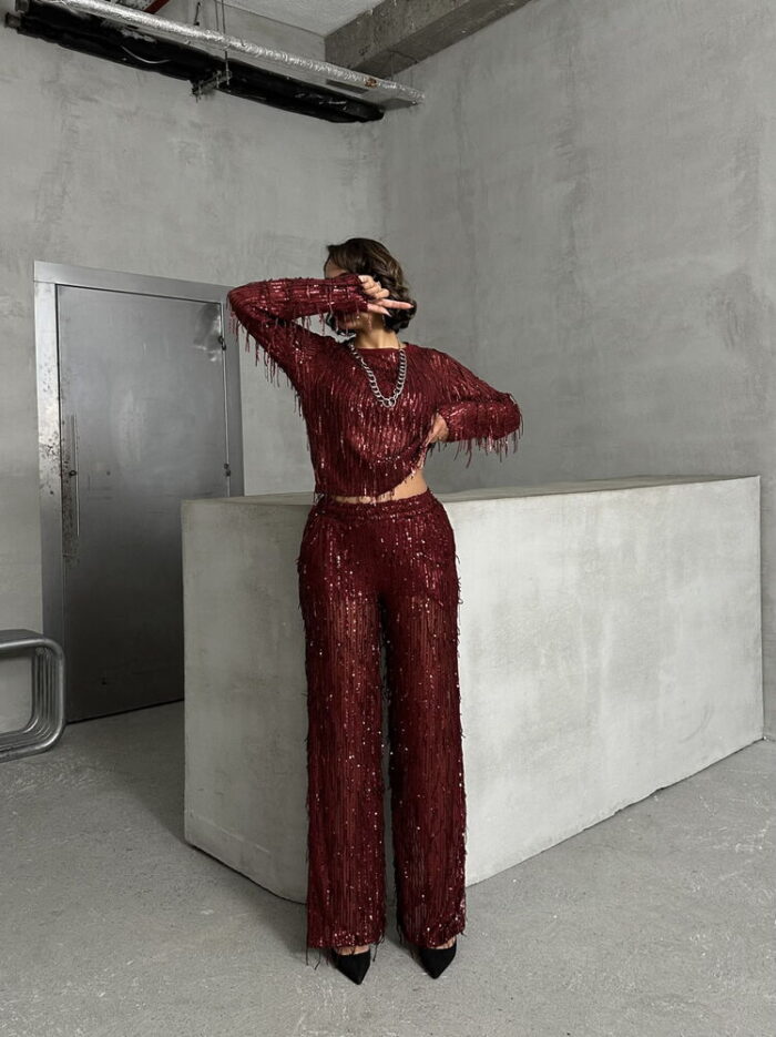 Burgundy Sequined Tulle Trousers - Producer: Topshow - Wholesale Women Clothes - TheBS Women