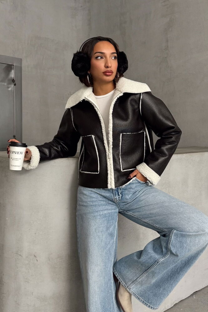 BlackLaminated Leather Zippered Coat - Producer: Topshow - Wholesale Women Clothes - TheBS Women
